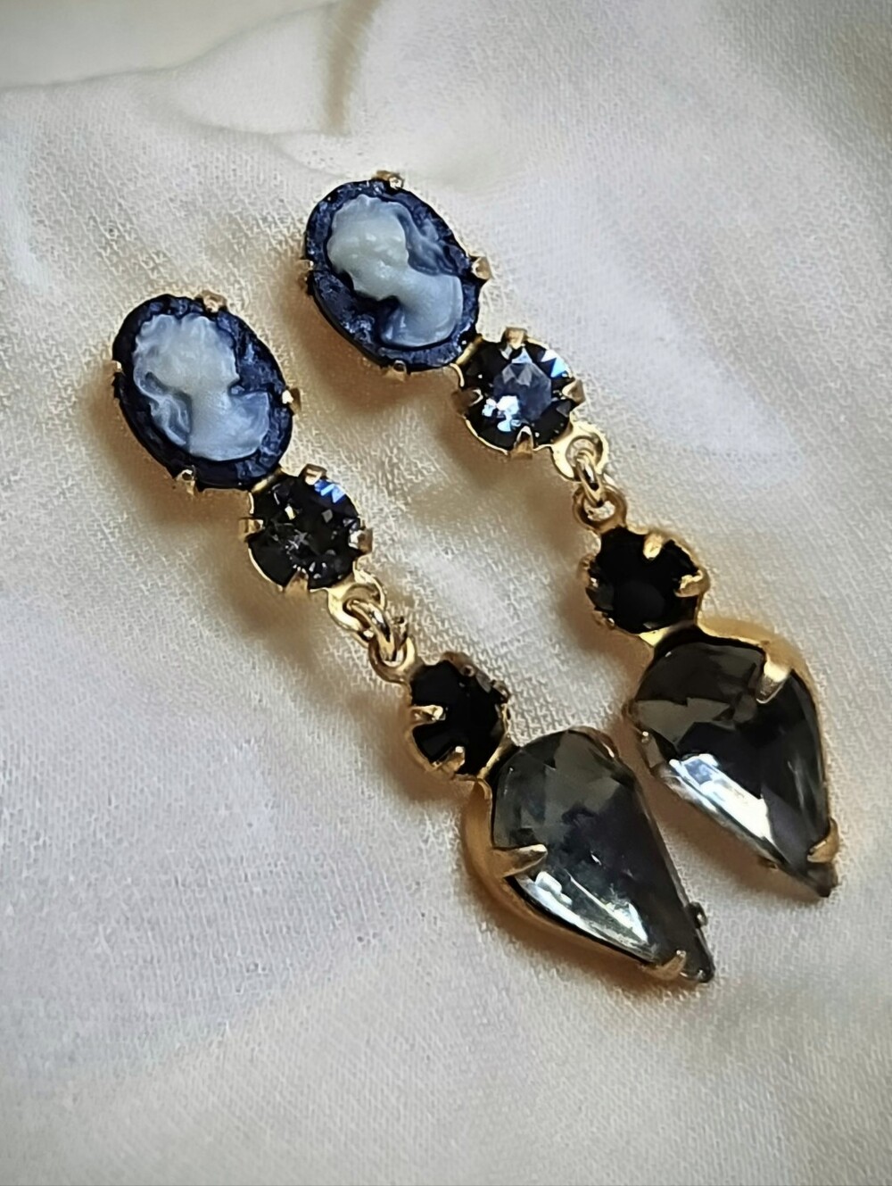 Classic Victorian Cameo And Black Diamond Crystals In Drop Gold Plated Earrings